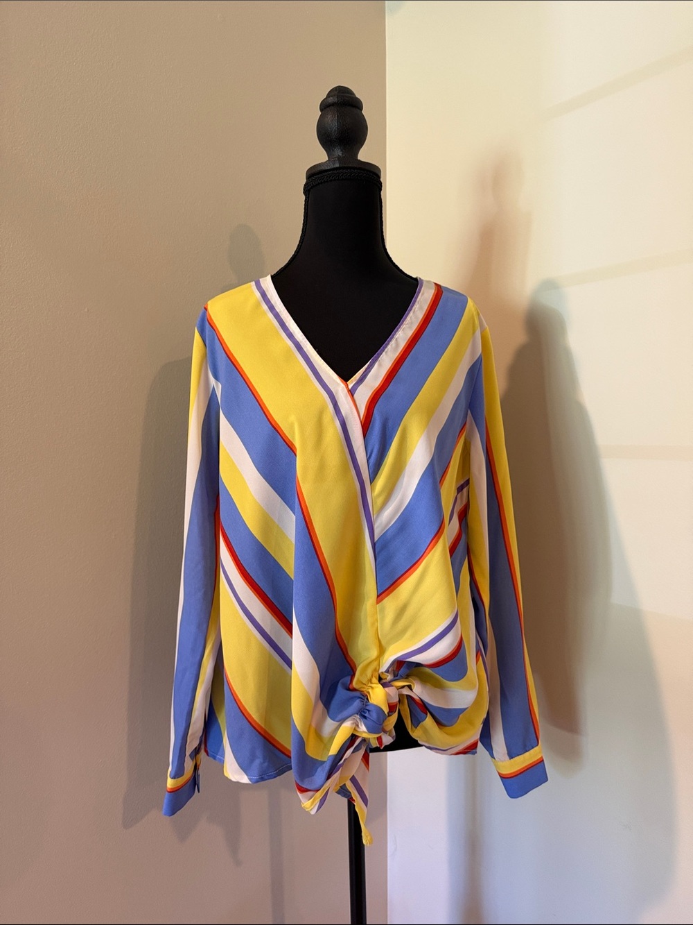 Lush Striped V-Neck Tie-Front Top - Yellow & Blue
